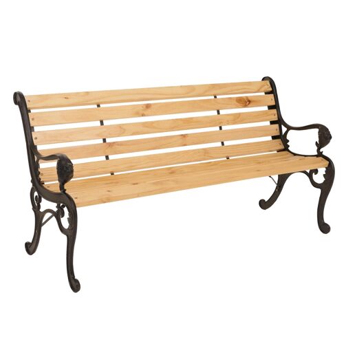 Banc De Jardin Hwc-O25, Banc 3 Places En Bois Et Fonte, 164 Cm   Naturel