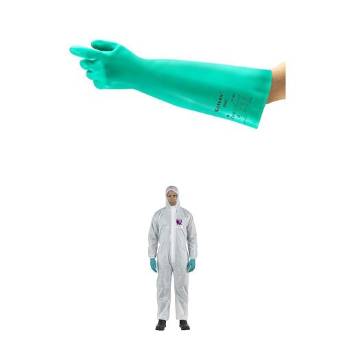 KALANKA-AlphaTec 37-185 Gants Protection Chimique, Très Résistant Liquides et Solvants, Vert, Taille L (1 Paire) +AlphaTec 1500 Model 138, Combinaison de Travail Jetable, Blanc, Taille XL (1 Pièce)