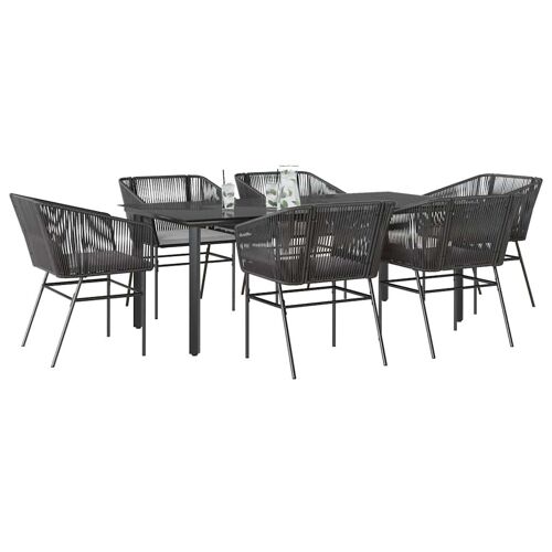 vidaXL Ensemble à manger de jardin coussins 7pcs noir poly rotin verre