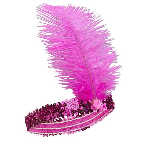 Bandeau Charleston À Sequins Et Plume Rose Fuschia Femme