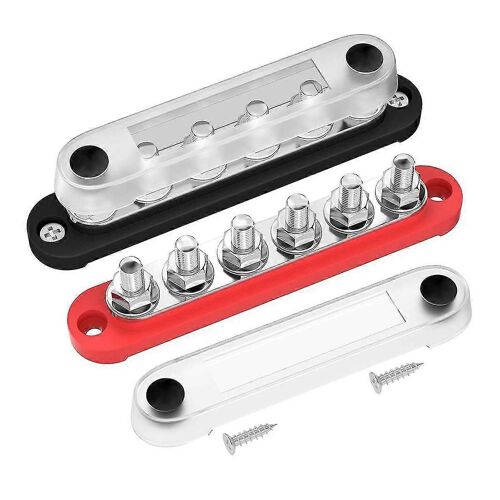 Barre omnibus 12V 6x5 / 16 pouces (M8) Goujons de borne Bloc de distribution d'alimentation 12 volts avec couvercle Barre omnibus de batterie 12V-48V compatible avec Auto