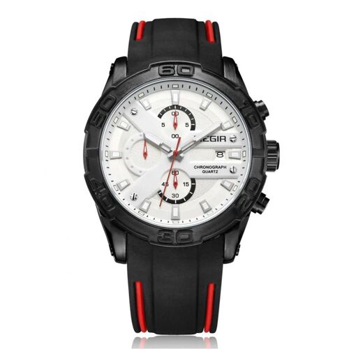 Megir Hommes Chronographe Multifonction Bracelet Silicone Lumineux Mouvement Quartz Montre (Argent + Noir)