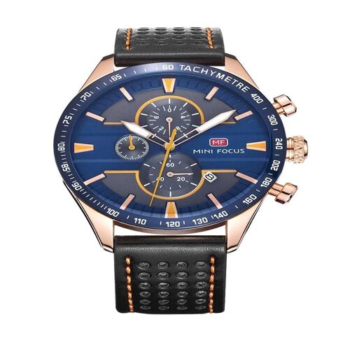 Mini Focus Montre Ronde À La Mode Bracelet En Cuir Montre-Bracelet À Quartz (Bleu + Or Rose + Noir)