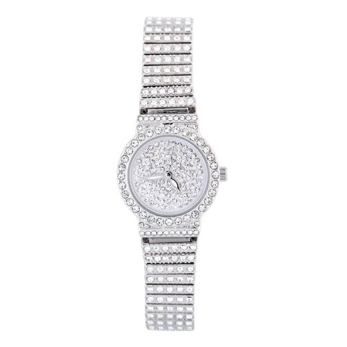 Femmes Lady Strass Décoration Quartz Mouvement Cadran Rond Analogique Montre Montre-Bracelet (Argent)