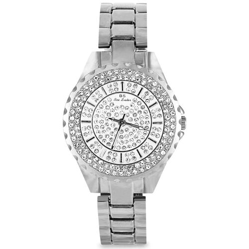 Femmes Alliage Sangle Strass Cadran Rond Quartz Mouvement Montre Analogique (Argent)