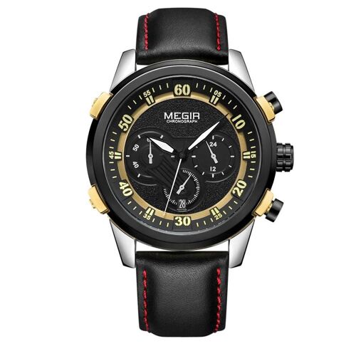 Montre-Bracelet À Quartz Multifonctionnelle Pour Hommes (Noir Intermédiaire + Cadran Noir + Bracelet De Montre En Cuir Pu)