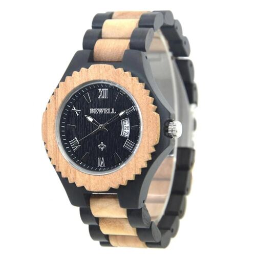 Montre En Bois Pour Hommes À La Mode Cadran Rond Montre-Bracelet À Quartz À Affichage Analogique (Noir + Beige)