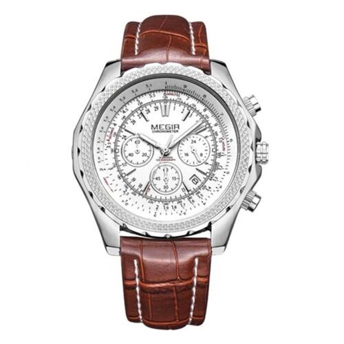 Megir Mode Hommes Alliage Imperméable Pu Cuir Quartz Montre (Ceinture Marron Boîtier En Acier Cadran Blanc)