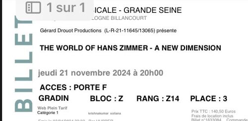 Concert - The World Of Hans Zimmer - A New Dimension - 2 Billets Catégorie 1 - 21/11/2024 - Seine Musicale - Grande Seine