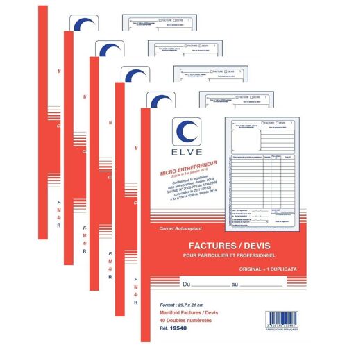 Elve Lot De 5 Manifolds Micro-Entrepreneur Factures / Devis A4 40 Feuilles Dupli