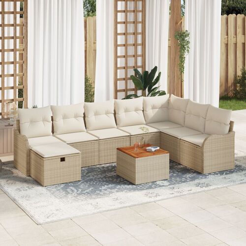 Ensemble De Canapés De Jardin 9 Pièces Avec Coussins Beige Rotin Synthétique, Canapé De Jardin 2 Places Avec Rangement & Coussins Beige Rotin Synthétique