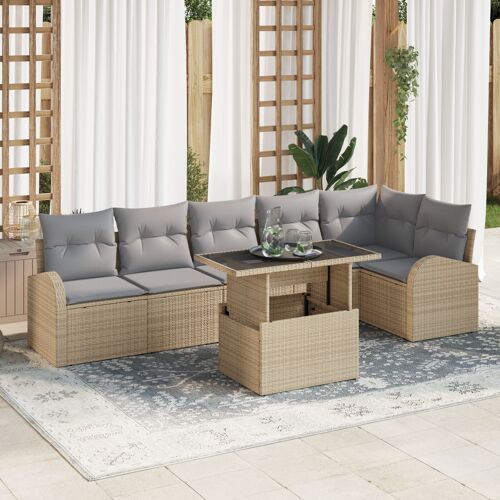 Ensemble De Canapé De Jardin 7 Pièces Avec Coussins En Rotin Synthétique Beige, Canapé De Jardin 2 Places Avec Rangement Et Coussins En Rotin Synthétique Beige