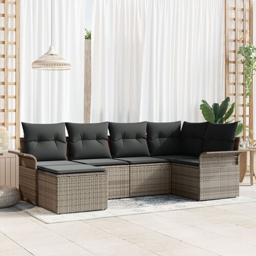 Ensemble De Canapé De Jardin 6 Pièces Avec Coussins Gris En Rotin Synthétique, Canapé De Jardin 2 Places Avec Rangement Et Coussins Gris En Rotin Synthétique