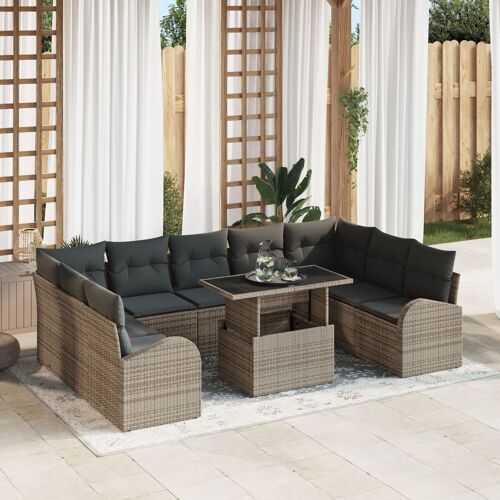 Ensemble Canapé Jardin 10 Pièces Avec Coussins Gris En Rattan Poly, Canapé Jardin 2 Places Avec Rangement Et Coussins Gris En Rattan Poly