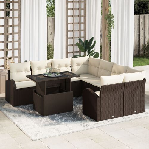 Ensemble De Canapés De Jardin 9 Pièces Avec Coussins Marron Rattan Poly, Canapé De Jardin 2 Places Avec Rangement Et Coussins Marron Rattan Poly