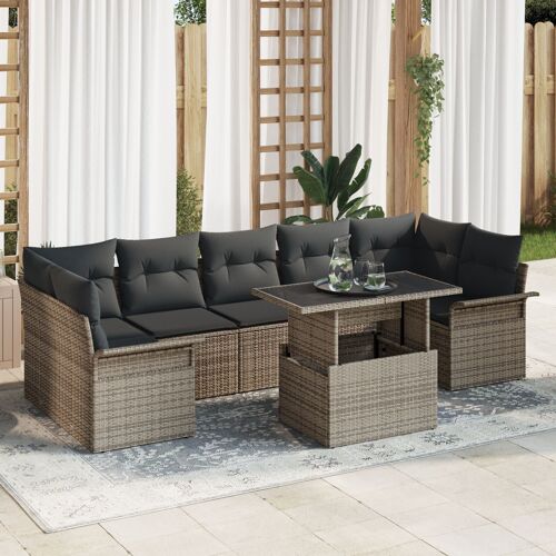 Ensemble De Canapé De Jardin 8 Pièces Avec Coussins Gris Poly Rattan, Canapé De Jardin 2 Places Avec Rangement Et Coussins Gris Poly Rattan