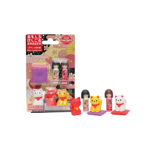 Iwako Blister Pack/Kokeshi & Lucky Cat (7 Pcs)