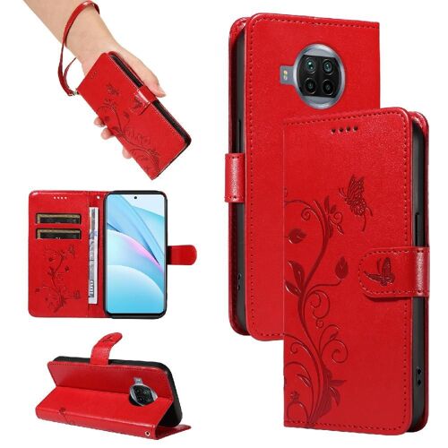 Étui Pour Xiaomi 10t Lite 5g Étui De Téléphone Portefeuille Papillon En Relief Et Fente Pour Carte Cuir De Haute Qualité Avec Sangle De Main - Rouge
