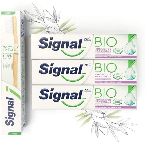 Pack De 3 - Signal - Kit 3 Dentifrices Bio Protection Naturelle Et 1 Brosse À Dents Manuelle Souple Bambou 100 % N 