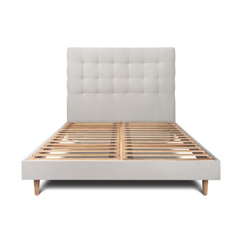 Lit 200x200cm avec tête de lit capitonnee velours et sommier kit gris clair - Hauteur totale : 29cm