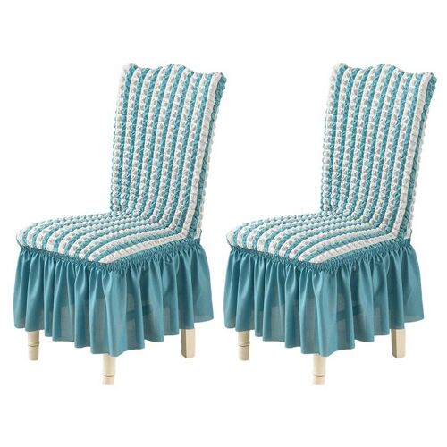 Housse de chaise de salle à manger en tissu doux avec jupe en dentelle - Bleue, amovible
