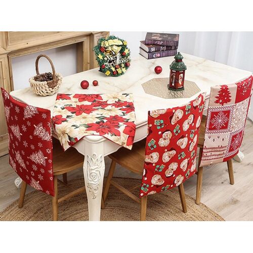 Lot de 4 housses de dossier de chaise de Noël avec motifs Père Noël, renne, fleurs et sapin