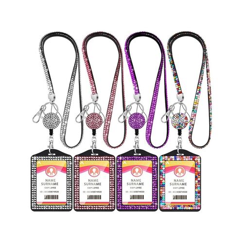 Lot de 4 porte-badges verticaux avec cordon et anneau porte-clés