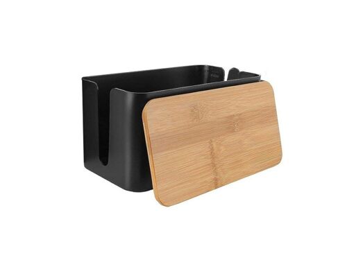Boîte de gestion de câbles avec couvercle en bambou - Noir, grand format
