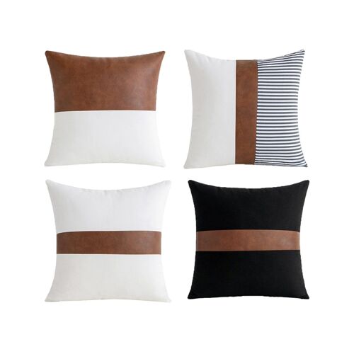 Lot De 4 Housses De Coussin Patchwork En Similicuir Pu 45x45cm