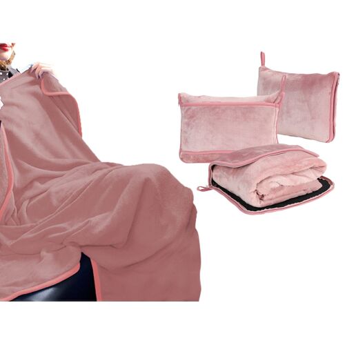Couverture de voyage et oreiller avec sangle pour bagage et clip pour sac à dos - Rose