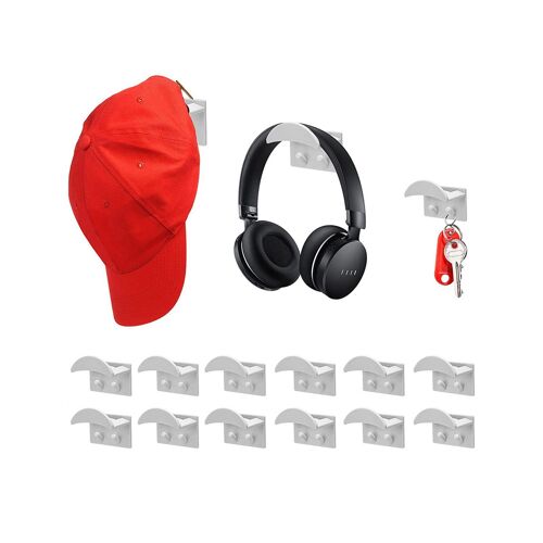 Lot de 12 crochets adhésifs muraux pour chapeaux - Porte-casquettes, blanc