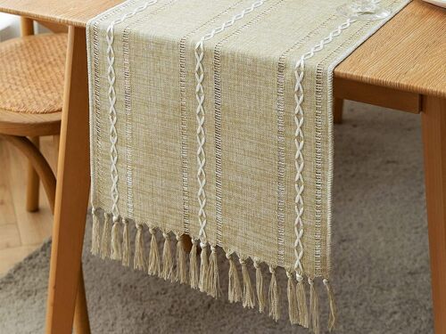 Chemin De Table En Coton Et Lin 33 X 200 Cm Avec Rayures Tressées Et Pompons