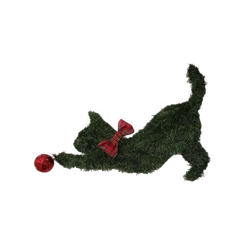 Couronne de Noël en forme de chat avec feuilles vertes et n?ud à carreaux
