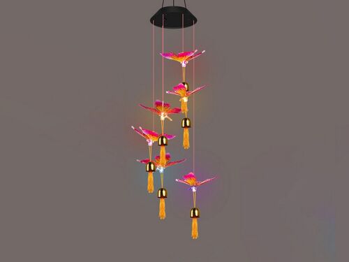 Carillon éolien solaire lumineux à changement de couleur - Papillon rose
