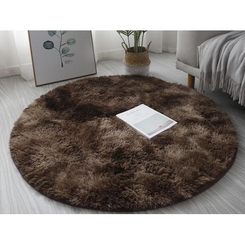 Tapis Rond En Peluche Teint 160x160cm, Antidérapant, Shaggy, Tapis De Sol, Café