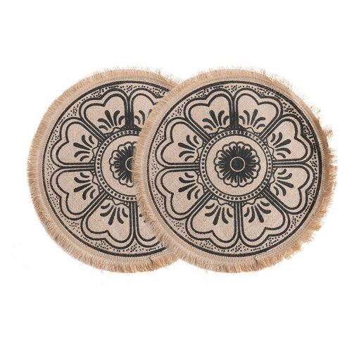 Lot De 2 Sets De Table Ronds En Jute Tissé, 41 Cm, Motif Floral Noir