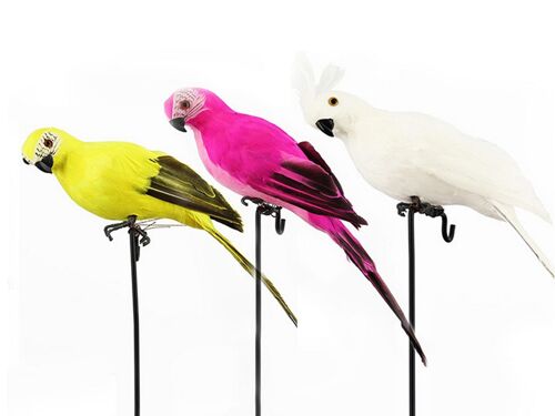 Lot de 3 perroquets artificiels de 25 cm pour décoration de jardin - Jaune, Rouge, Blanc