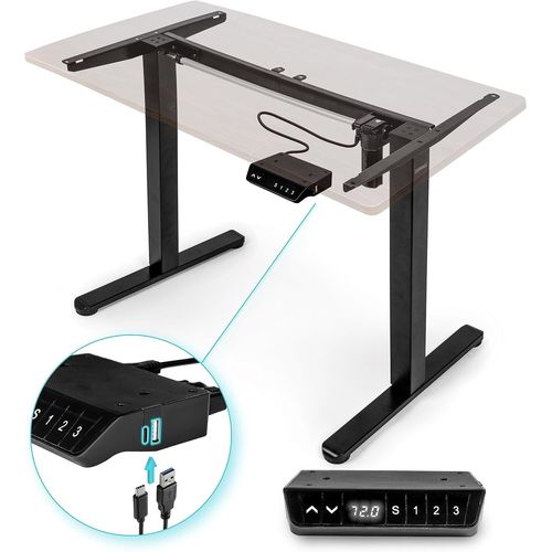 Duronic TM51 BK Structure de Bureau Assis-Debout électrique | Hauteur Ajustable de 72 à 118 cm | Charge maximale de 70 kg | Plateau de 120 140 ou 160 cm vendu séparément | Ports USB et USB-C