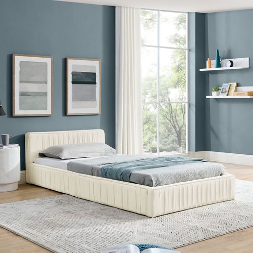 Lit Simple 90*200cm, Lit Enfant Avec Housse En Chenille Douce Et Veloutée, En Bois D'Eucalyptus Écologique Et Cadre En Fer Robuste, Montage Facile, Beige (Sans Matelas)