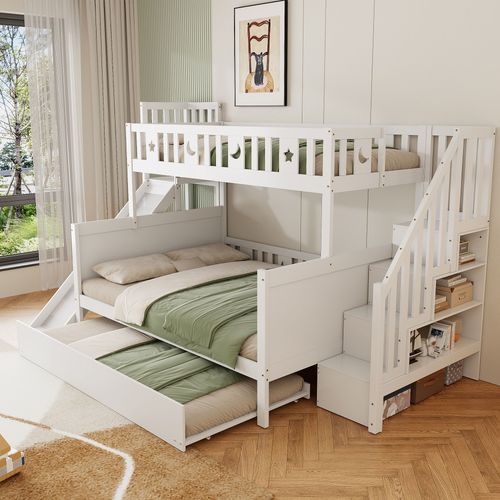 Lit Enfant 90*200/140*200 Cm, Lit Superposé En Bois Massif Avec Toboggan Et Étagère Avec Marches De Sécurité, Lit Gigogne Et Sommier À Lattes, Blanc