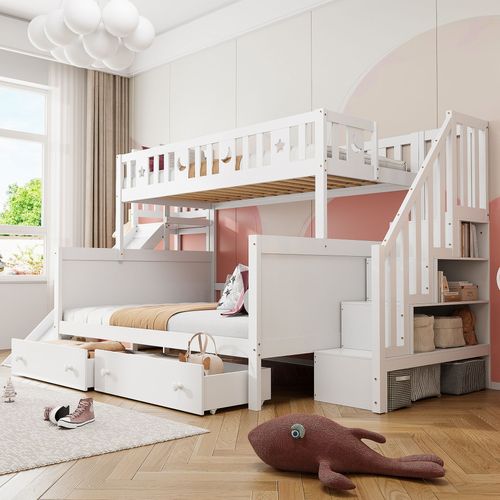 Lit Enfant 90*200/140*200 Cm, Lit Superposé En Bois Massif Avec Toboggan Et Étagère Avec Marches De Sécurité, Deux Grands Tiroirs Et Sommier À Lattes, Blanc