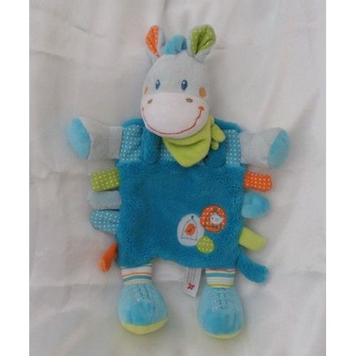 Doudou Plat Ane Cheval Bleu Blanc Foulard Vert Oiseau En Cage Nicotoy