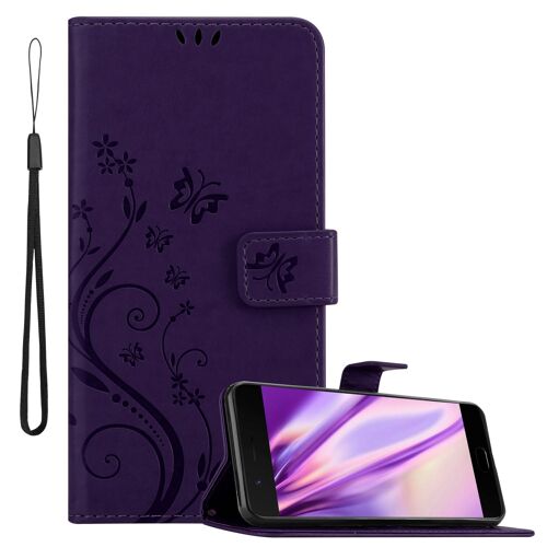 Cadorabo Housse compatible avec en LILAS FONCÉ FLORAL - Étui de protection au design floral avec fermeture magnétique, fonction de support et emplacements pour cartes