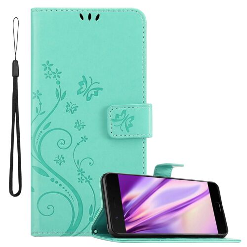 Cadorabo Housse compatible avec en TURQUOISE FLORAL - Étui de protection au design floral avec fermeture magnétique, fonction de support et emplacements pour cartes