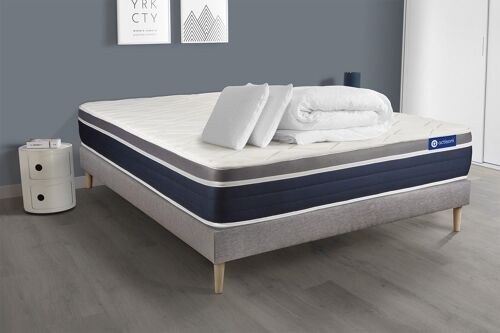 Pack prêt a dormir ACTIFLEX CONFORT Matelas Ressorts ensaches+memoire de forme 140x190 + sommier KIT gris +2oreillers+couette