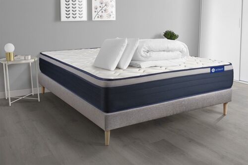Pack prêt a dormir matelas Memoire de forme ACTIMEMO MAX 200x200 cm Maxi epaisseur + sommier KIT gris + 2 oreillers +couette