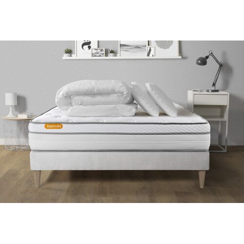 Pack matelas + sommier kit blanc 140x200 Memo Luxe Ressorts ensaches + memoire de forme + Couette + 2 oreillers