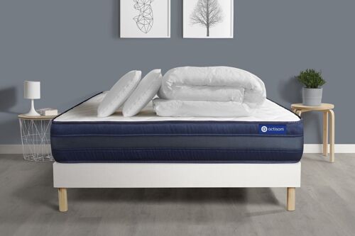Pack prêt a dormir matelas ACTIFLEX TECH 180x200 Memoire de forme Maxi epaisseur + sommier KIT blanc + 2 oreillers + couette