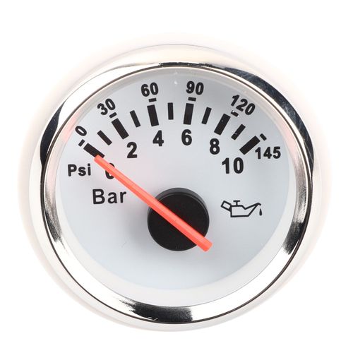 Compteur De Pression D'huile 2 Pouces 0-10bar, 145psi, Instrument à Cadran RéTroéClairé Led Pour Voiture, Moto, Bateau, Camion, 12v/24v, Cadran Blanc, Cadre Argenté