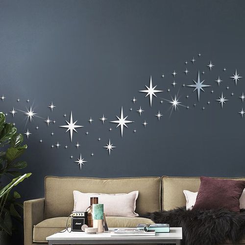 82 Pièces Sticker Mural Étoile 3D Acrylique Étoiles Miroir Silver